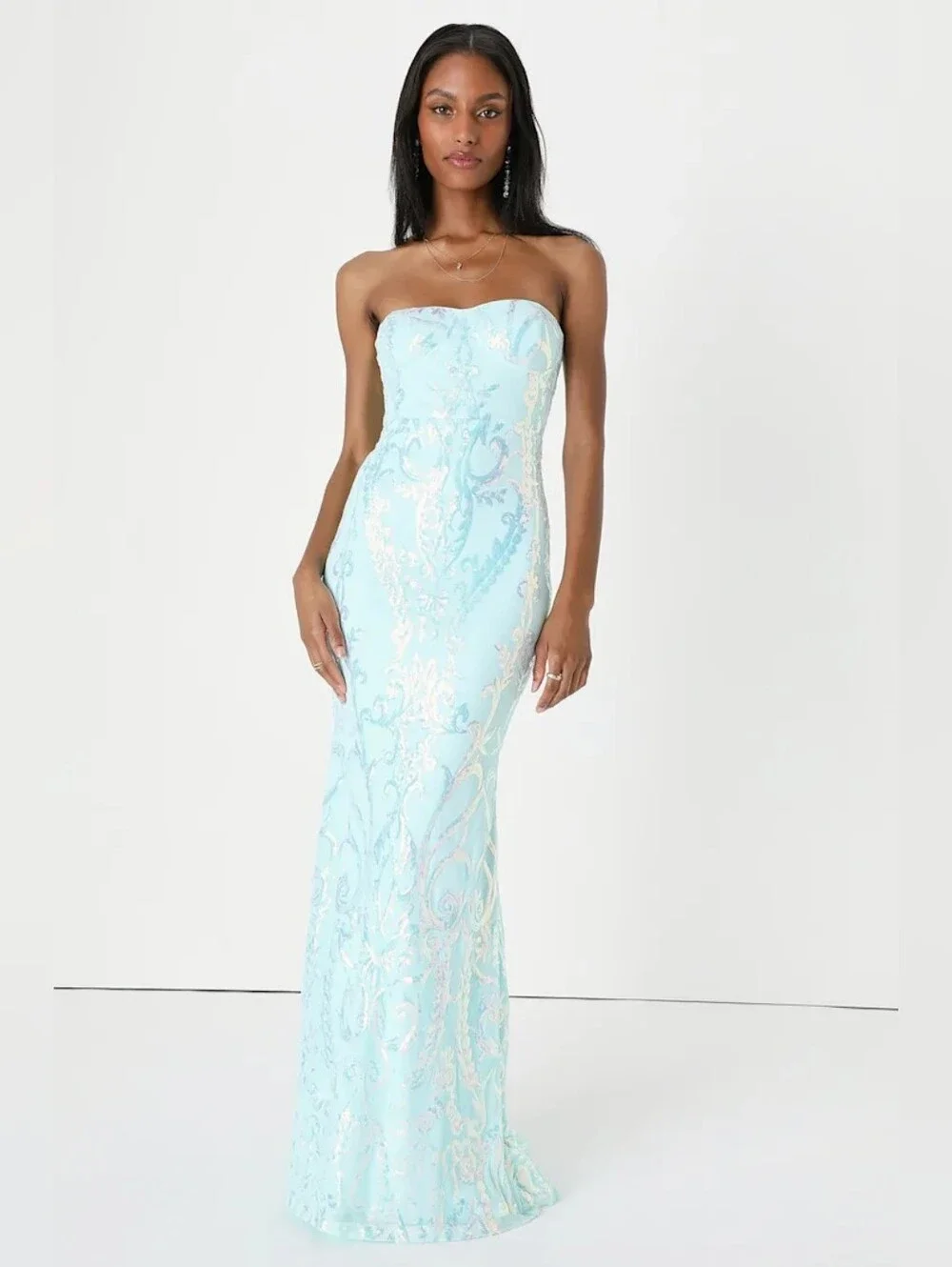 Lulus Made to Stun Light Blue Sequin Strapless Mermaid Maxi Dress XL Wedding - Picture 2 of 11
